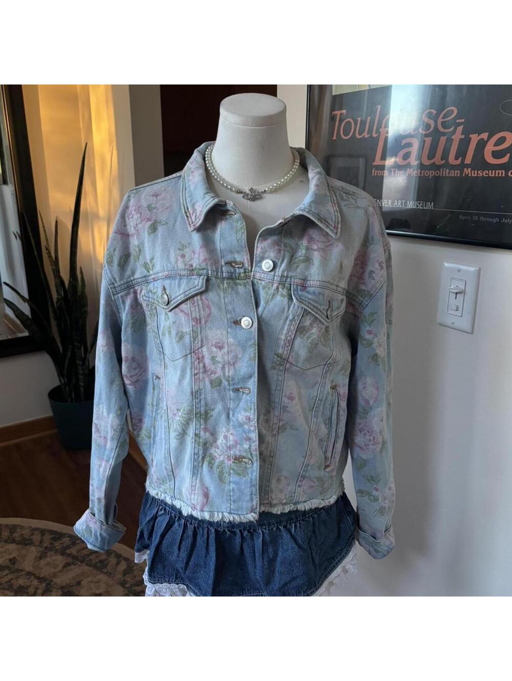 Floral Denim Jacket Rose Print Cropped Coquette Shabby Chic Y2K Jean Jacket